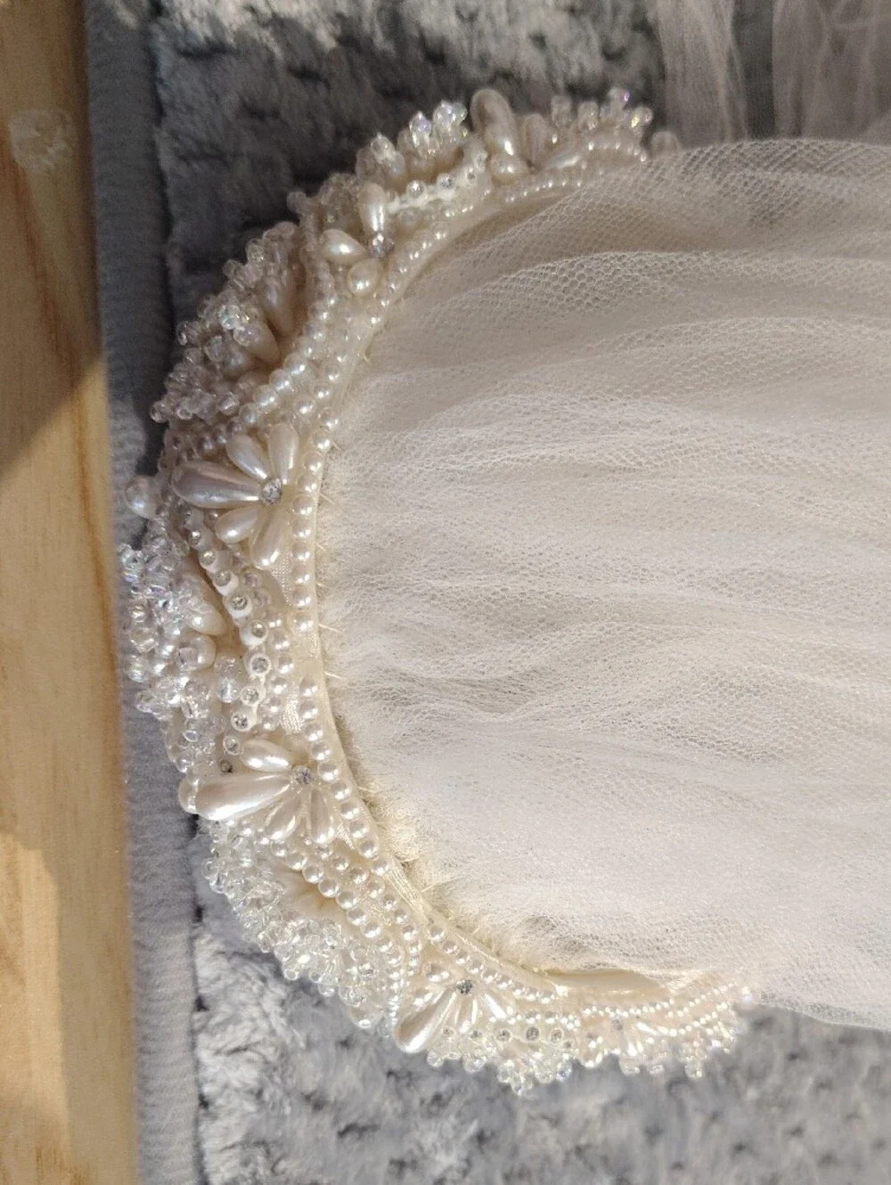 Beaded Pearl White Bridal Headband with Veil